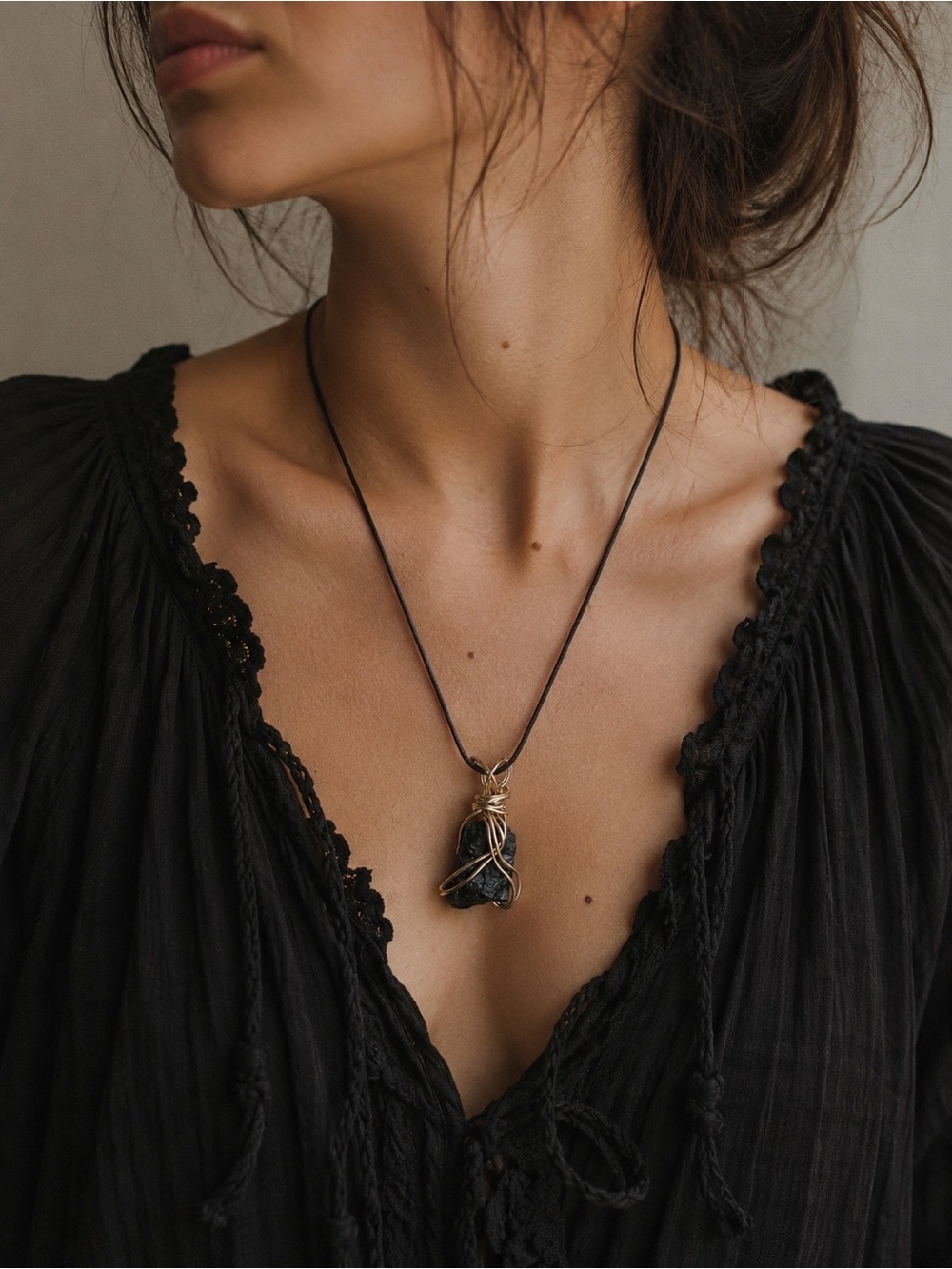 Handcrafted Black coal  Pendant Necklace with vegan Leather Cord